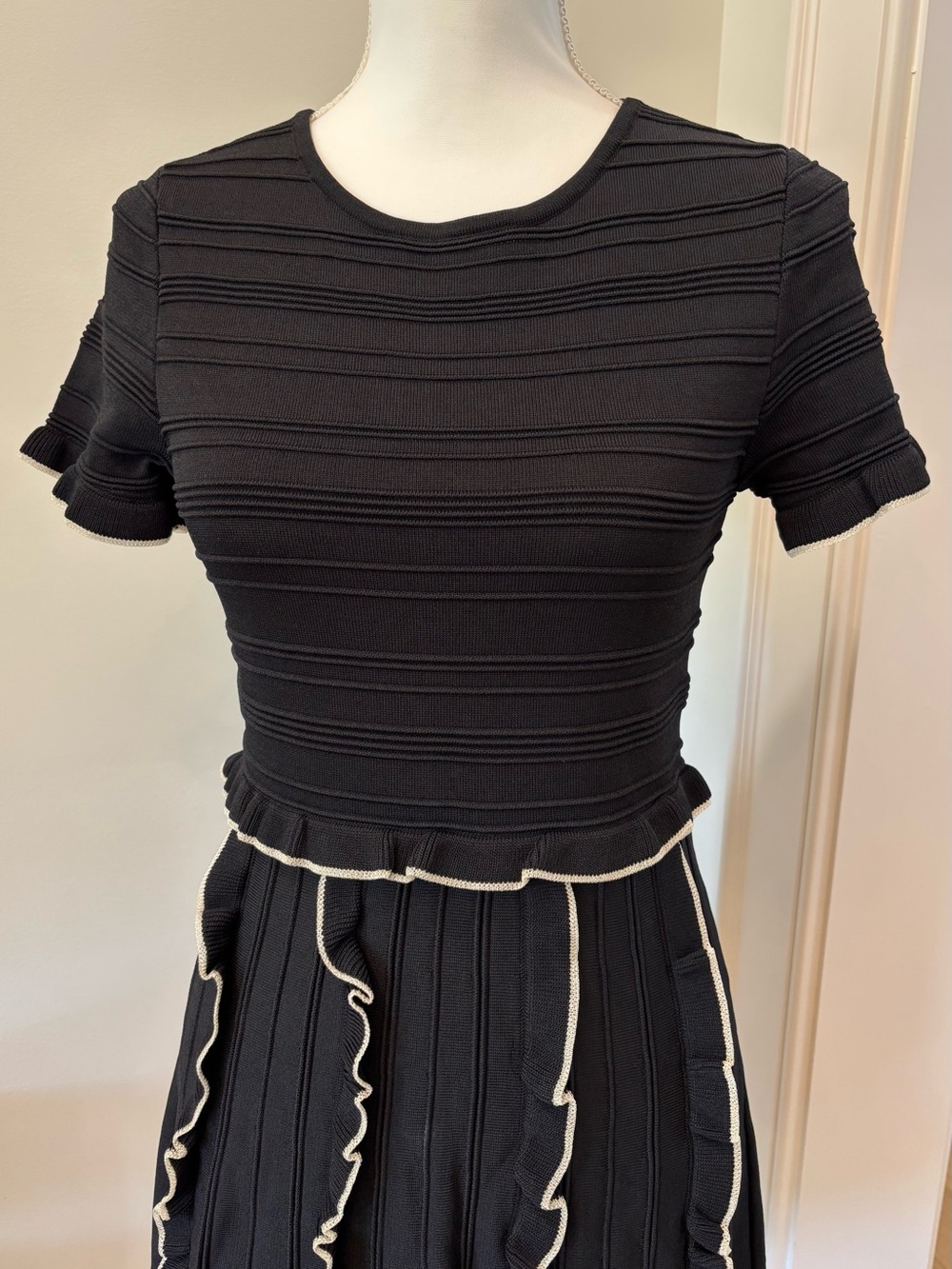Parker Lenny Black Knit Dress with Contrast Ruffle Trim, Size S - Picture 2 of 7